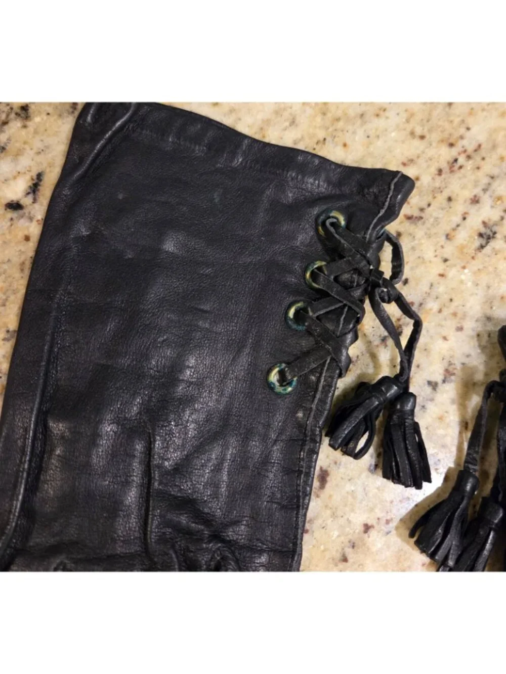 Vintage Womens Size S/M 6.5 Black Leather Gloves Tassle Lace Grommet Biker